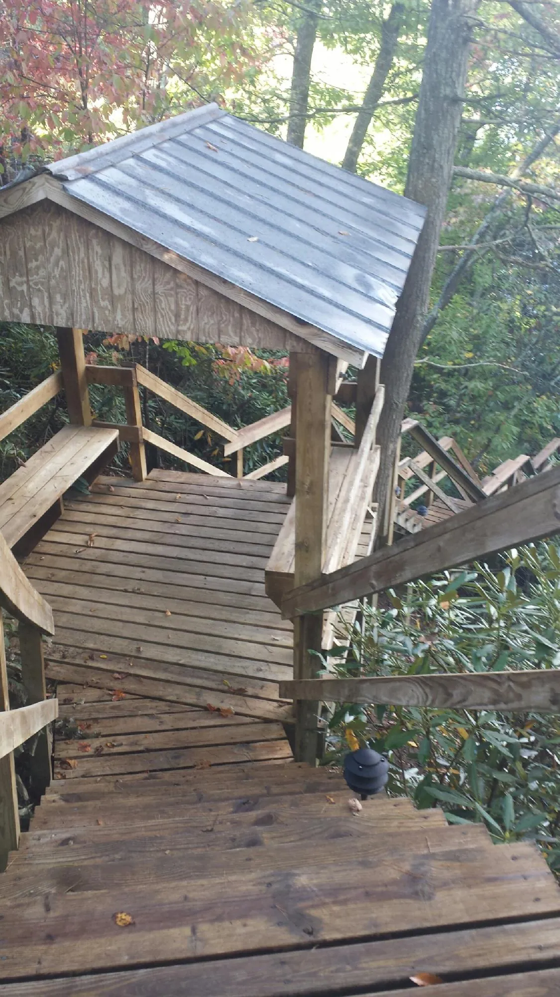 Metal roofed shelter over wooden steps on a wooded walkway — Skylight Repair & Installation work by our crew in Tarentum